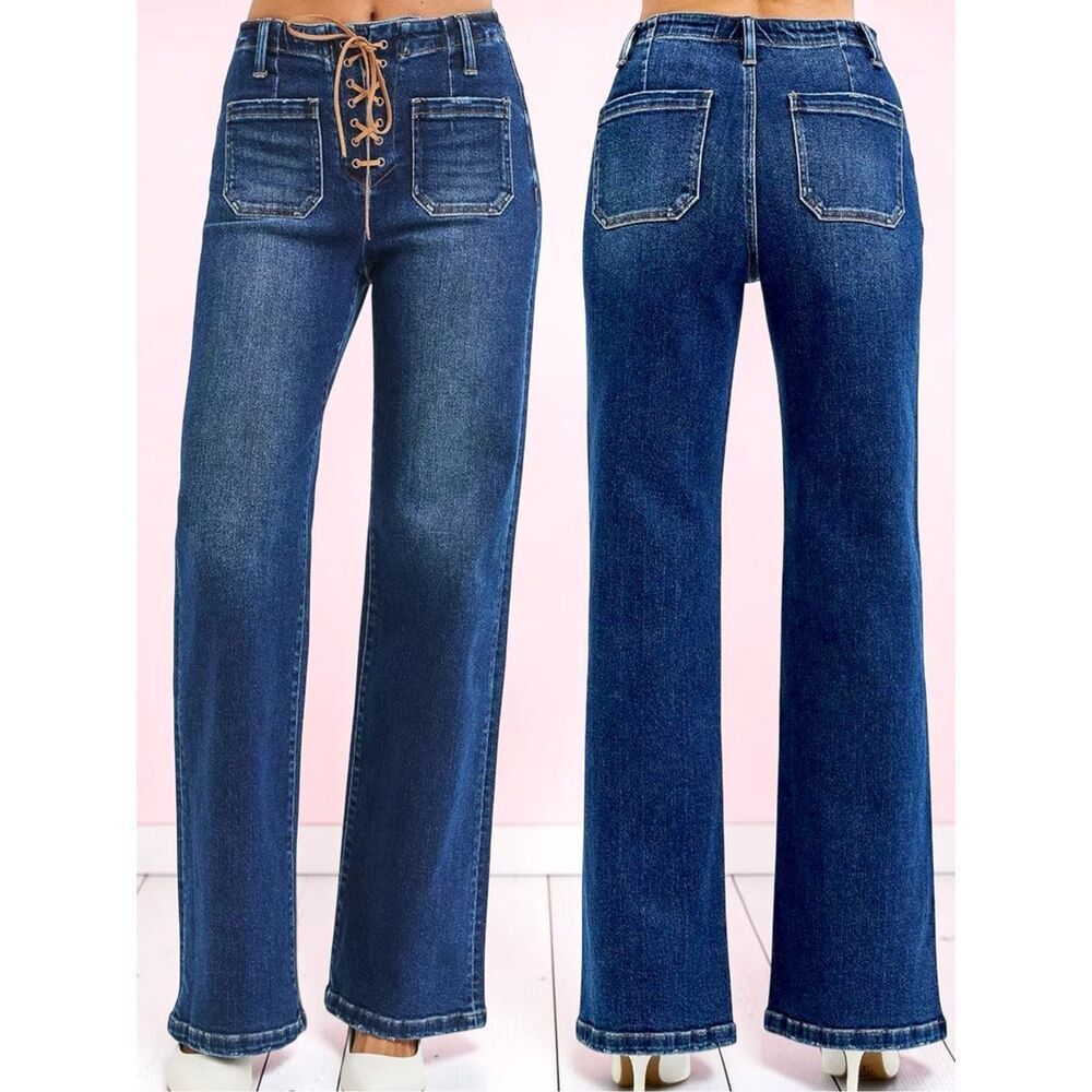 Risen High Rise Wide Leg Lace Up Jeans Dark Wash Tie Patch Pocket Stretch Denim - Picture 2 of 13